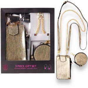 NEW Womens Crossbody Bag Cellphone Purse 3Pc GiftSet + Accessories Gold Metallic